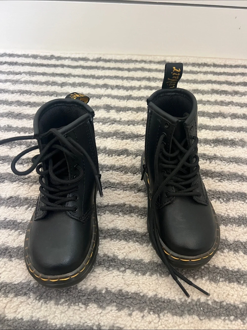 Dr. Martens Black Kids Lace-Up Boots with Yellow Stitching - NWT
